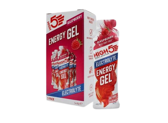 High5 EnergyGel Electrolyte Bringebær Energigel Datovare 5 STK by Sykkelkomponenter