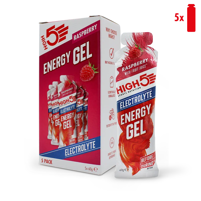 High5 EnergyGel Electrolyte Bringebær Energigel 5 stk by Sykkelkomponenter